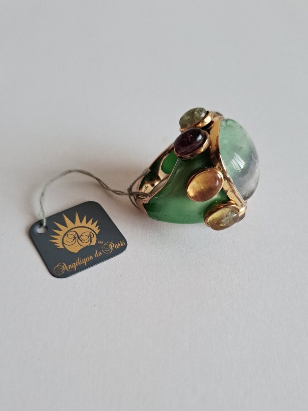 New Angelique de Paris Gold Plated Large Square Green Stones Ring Size 8 - Picture 7 of 17